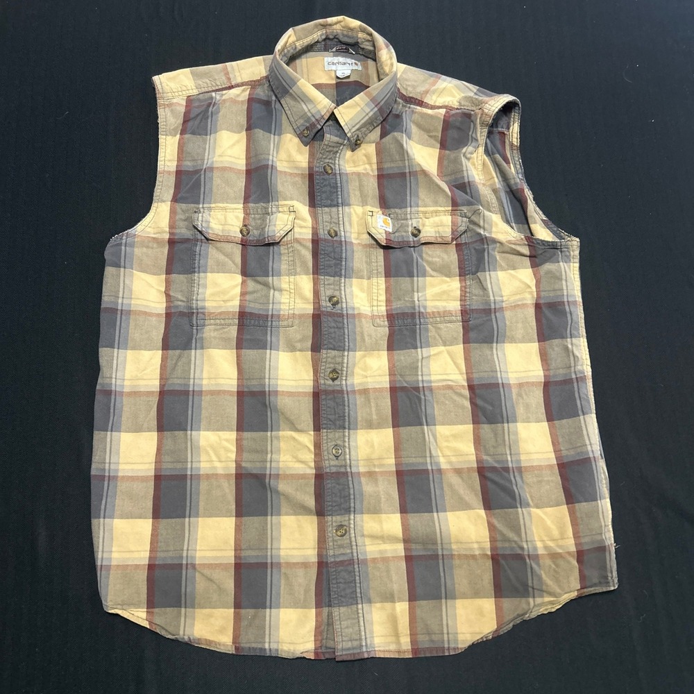 Carhartt Mens XL Plaid Sleeveless Button Down Shirt Original Fit 104447 DKH Tan